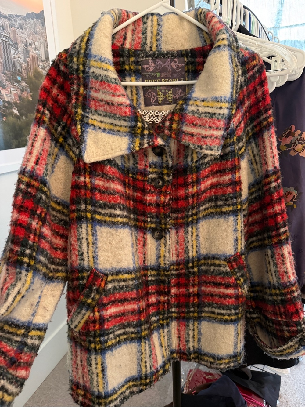 Free People tartan plaid bouclé wool peacoat jacket